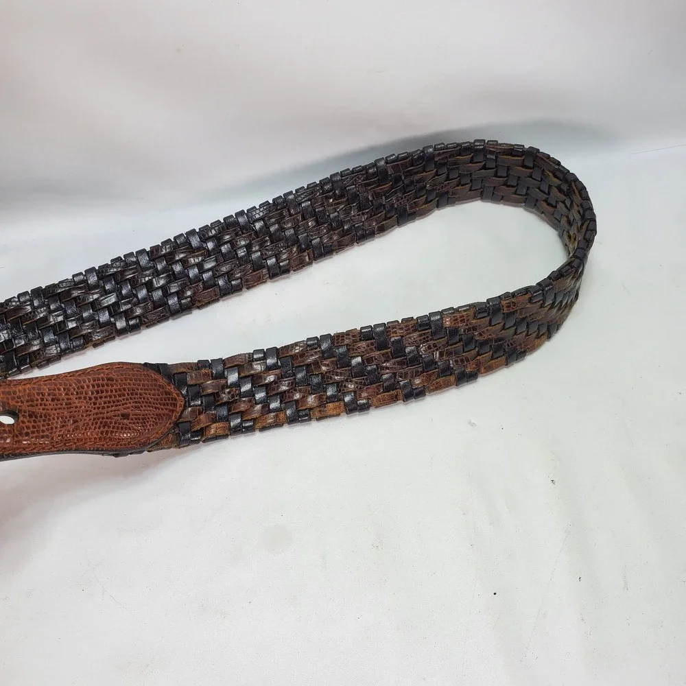 Brighton Woven Belt 36 Brown Black Lizard Embossed Leather P4100 Silver Buckle